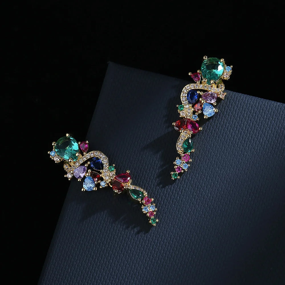 Retro Color Zircon Earrings, Asian Style- Yellow Gold