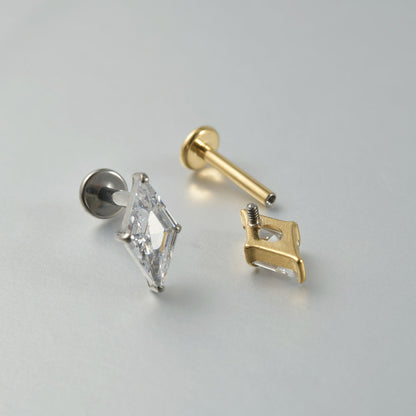 G23 Daimond Shape  Ear Piercing Stud Titanium with AAA Cubic Zircon , Flat Back Earrings ( One Piece )