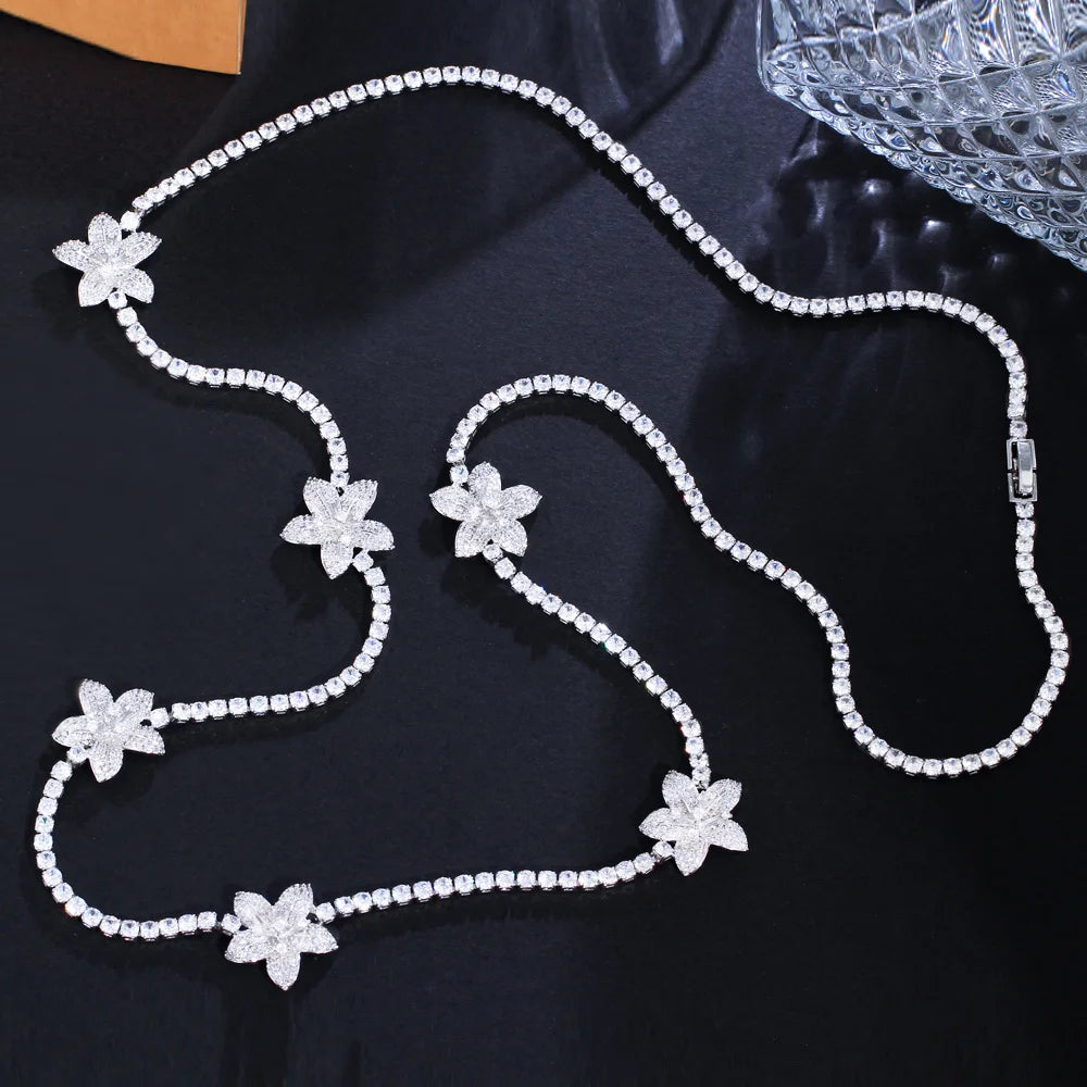 Chic Round Gorgeous Fashion Jewelry Cubic Zirconia Flower Chain Link Long Sweater Tennis Necklace