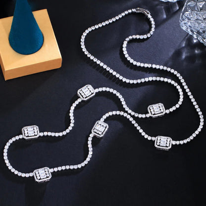 Bling Baguette White CZ Cubic Zircon Pave Silver Color Long Sweater Chain Necklace
