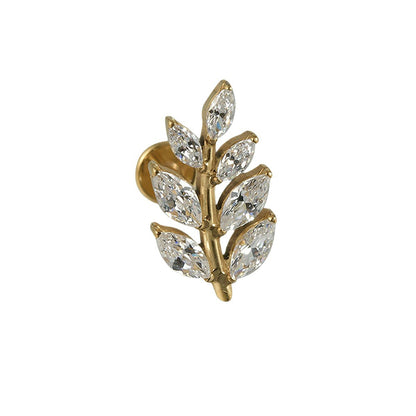 G23 Leafs Ear Piercing Stud Titanium with AAA Cubic Zircon , Flat Back Earrings ( One Piece )