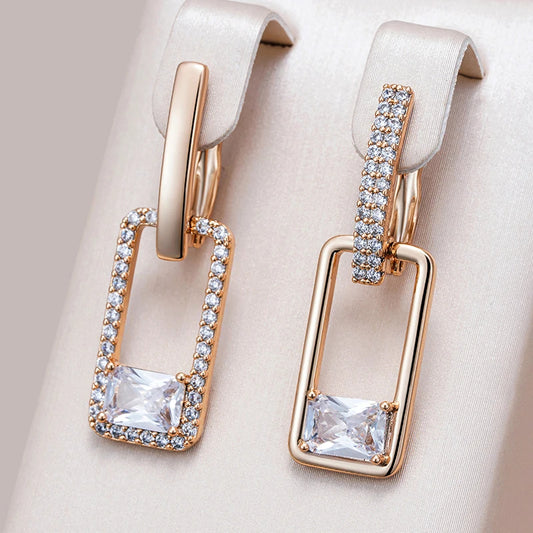 Asymmetrical Long Drop with Crystal Earrings - Rose Gold