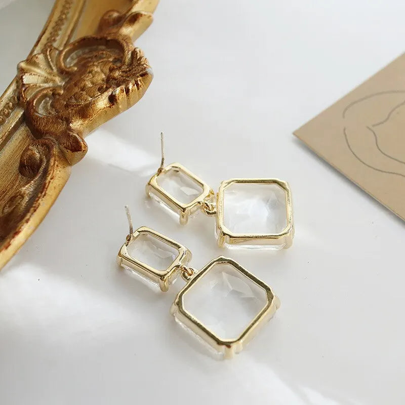 Geometric Square Dangle with Transparent Glass Crystal Earrings