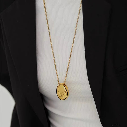 Oval Pendant Stainless Steel Gold Color Long Necklace
