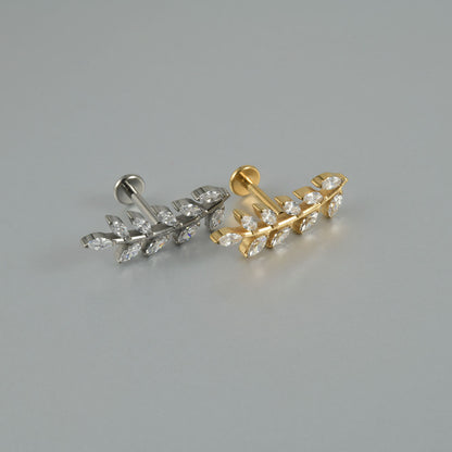 G23 Leafs Ear Piercing Stud Titanium with AAA Cubic Zircon , Flat Back Earrings ( One Piece )