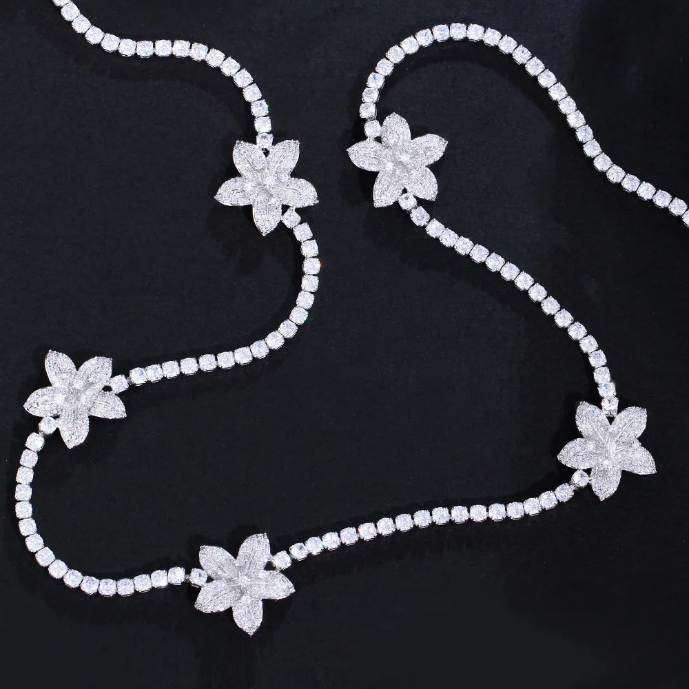 Chic Round Gorgeous Fashion Jewelry Cubic Zirconia Flower Chain Link Long Sweater Tennis Necklace