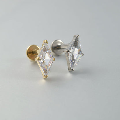 G23 Daimond Shape  Ear Piercing Stud Titanium with AAA Cubic Zircon , Flat Back Earrings ( One Piece )