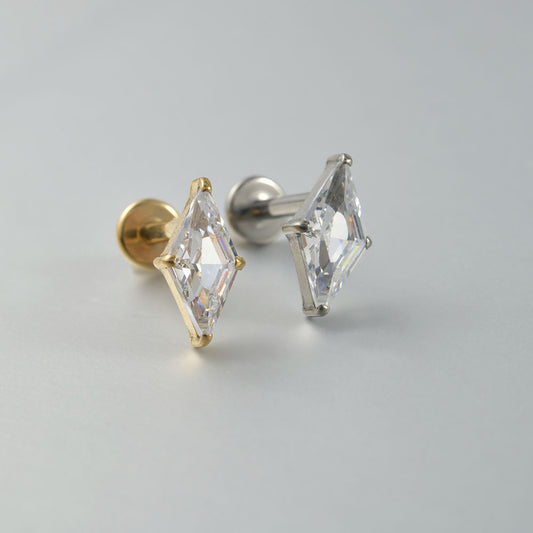 G23 Daimond Shape  Ear Piercing Stud Titanium with AAA Cubic Zircon , Flat Back Earrings ( One Piece )