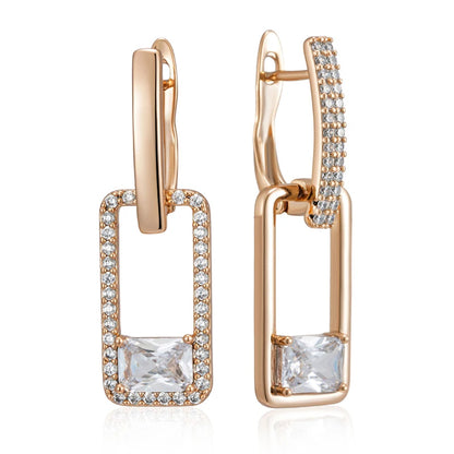 Asymmetrical Long Drop with Crystal Earrings - Rose Gold