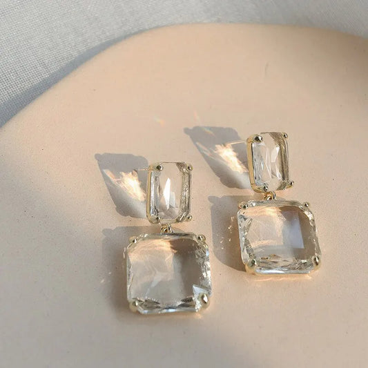 Geometric Square Dangle with Transparent Glass Crystal Earrings