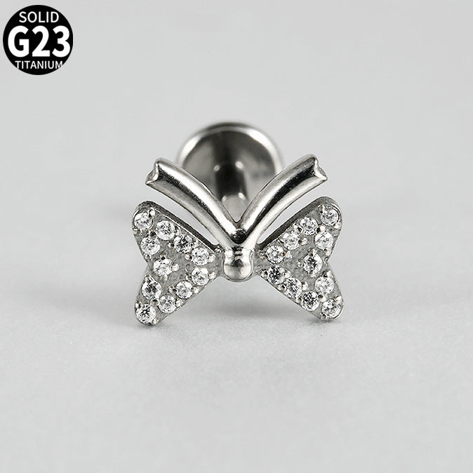 G23 Butterfly Ear Piercing Stud Titanium with AAA Cubic Zircon , Flat Back Earrings ( One Piece )