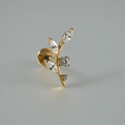 G23 Four Leafs Ear Piercing Stud Titanium with AAA Cubic Zircon , Flat Back Earrings ( One Piece )