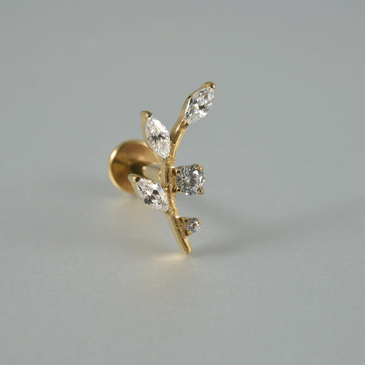 G23 Four Leafs Ear Piercing Stud Titanium with AAA Cubic Zircon , Flat Back Earrings ( One Piece )