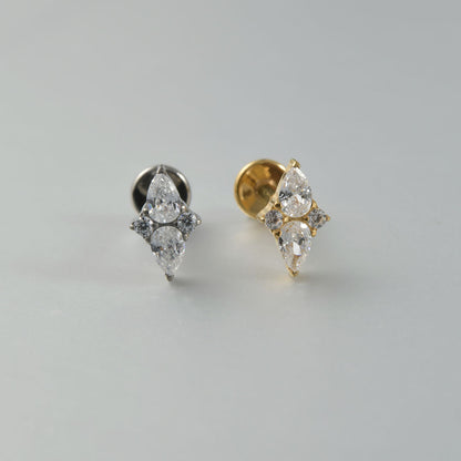 G23 Daimond Shape  Ear Piercing Stud Titanium with AAA Cubic Zircon , Flat Back Earrings ( One Piece )