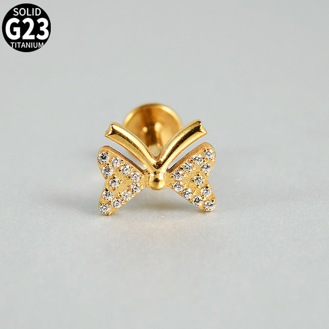 G23 Butterfly Ear Piercing Stud Titanium with AAA Cubic Zircon , Flat Back Earrings ( One Piece )