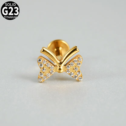 G23 Butterfly Ear Piercing Stud Titanium with AAA Cubic Zircon , Flat Back Earrings ( One Piece )