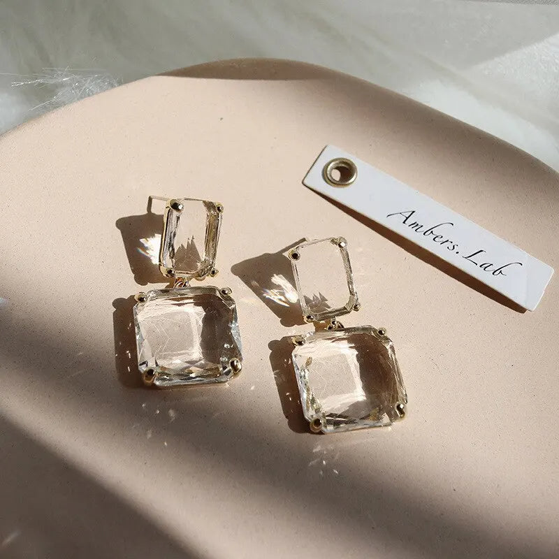 Geometric Square Dangle with Transparent Glass Crystal Earrings