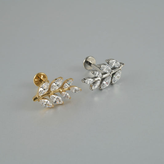G23 Leafs Ear Piercing Stud Titanium with AAA Cubic Zircon , Flat Back Earrings ( One Piece )
