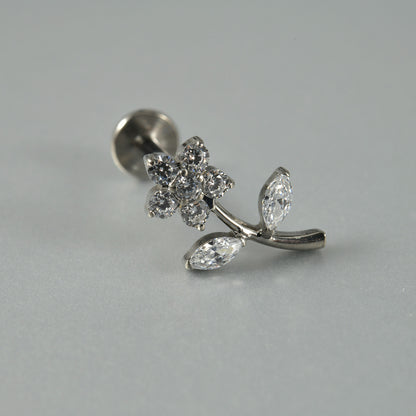 G23 Flower Ear Piercing Stud Titanium with AAA Cubic Zircon , Flat Back Earrings ( One Piece )