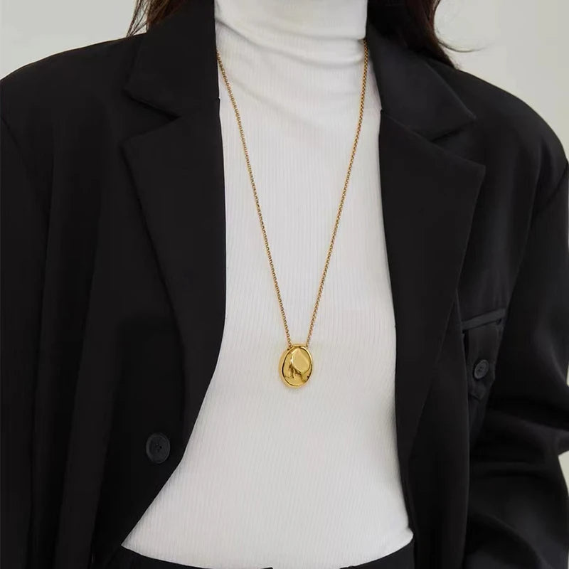 Oval Pendant Stainless Steel Gold Color Long Necklace