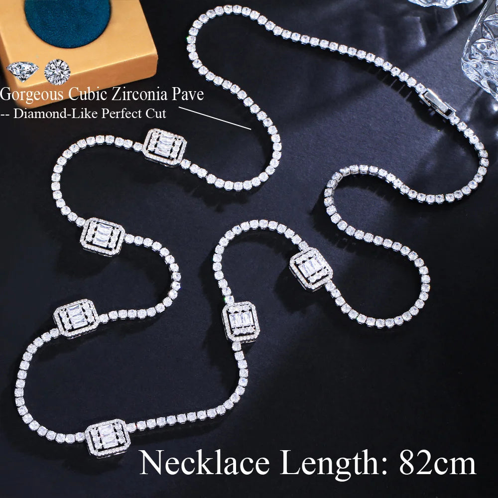 Bling Baguette White CZ Cubic Zircon Pave Silver Color Long Sweater Chain Necklace