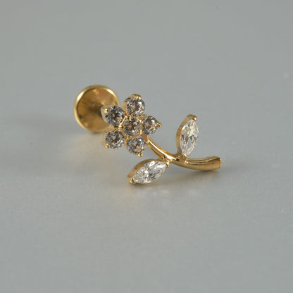 G23 Flower Ear Piercing Stud Titanium with AAA Cubic Zircon , Flat Back Earrings ( One Piece )