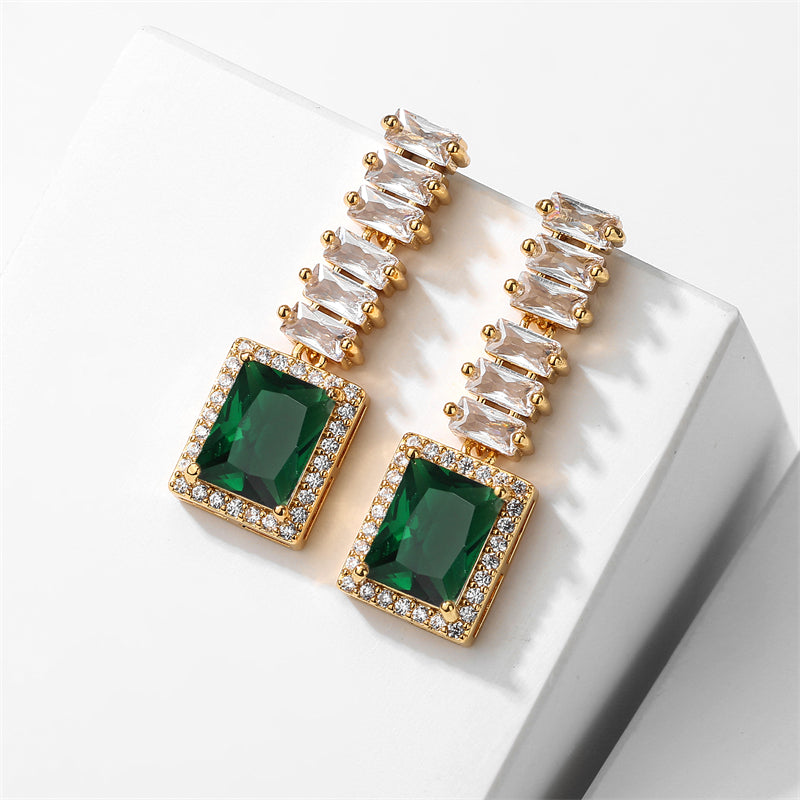 Luxury Emerald Square Crystal 18k Gold plated copper alloy Earrings