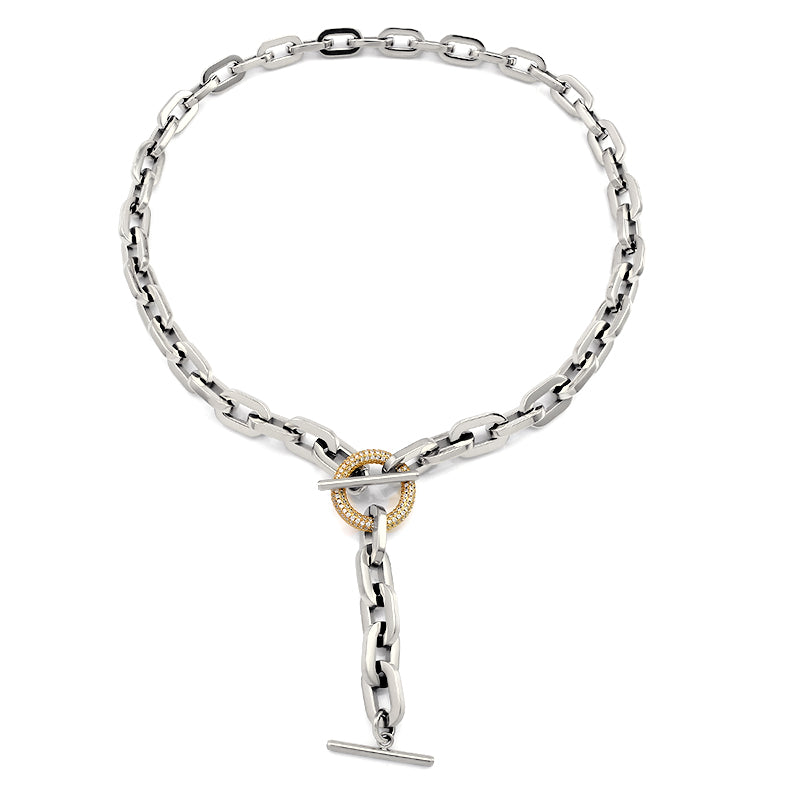 T Toggle Clasp Crystal Stones Link Lock Chain Necklace