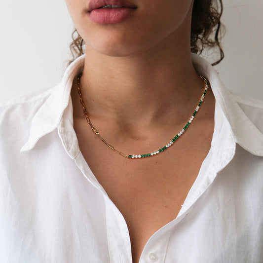 Thick Green 2mm Tennis AAAA Cubic Zircon Paperclip Chain Choker Necklace