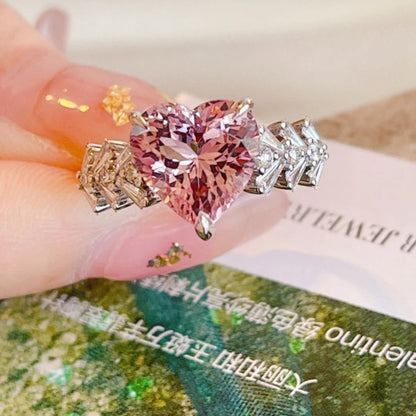 Pink Colorful Zircon Jewelry Elegance Heart Cut Ring Adjustable