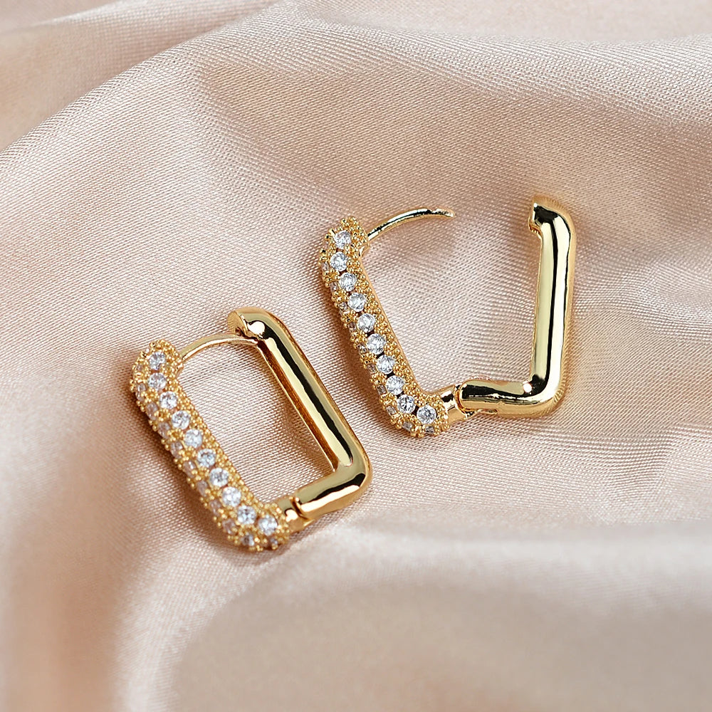 9K Yellow/Rose Gold Filled Huggie Hoop Earrings - Square Simulated Diamond, Solid Women's