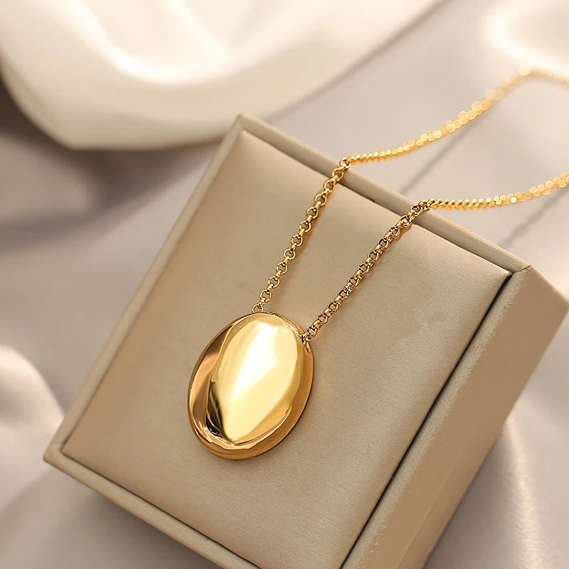 Oval Pendant Stainless Steel Gold Color Long Necklace
