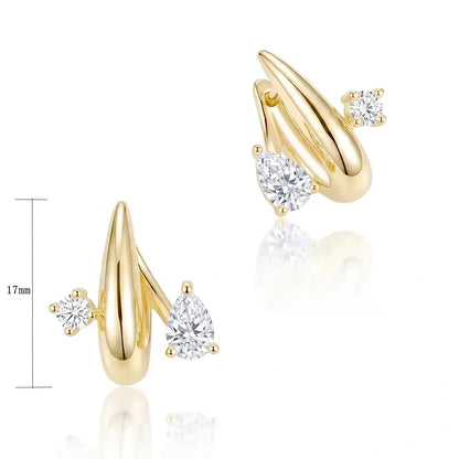 Gold-colored curved stud earrings with triangular and round-cut clear gemstones, shown on a white background with a 17mm height measurement marker on the left.